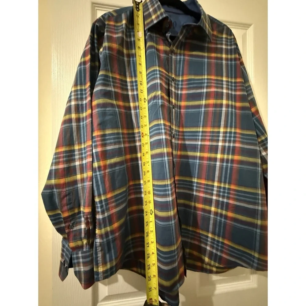 Bugatchi Shirt 2XL Blue Plaid Flip Cuff Button Up Long Sleeve Classic Fit Mens - Picture 6 of 7